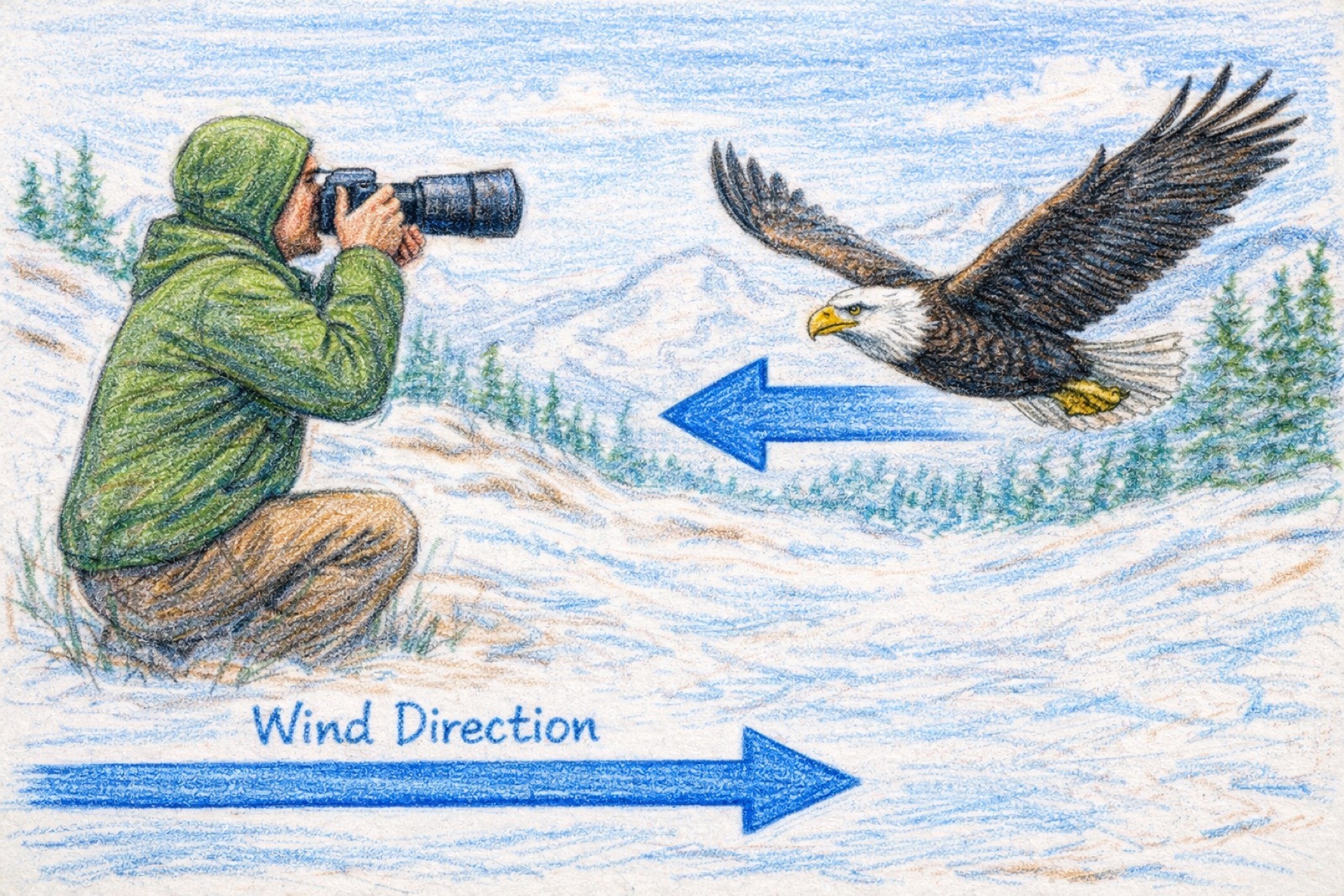 Diagram showing a bald eagle facing a photographer with the wind at the photographer's back