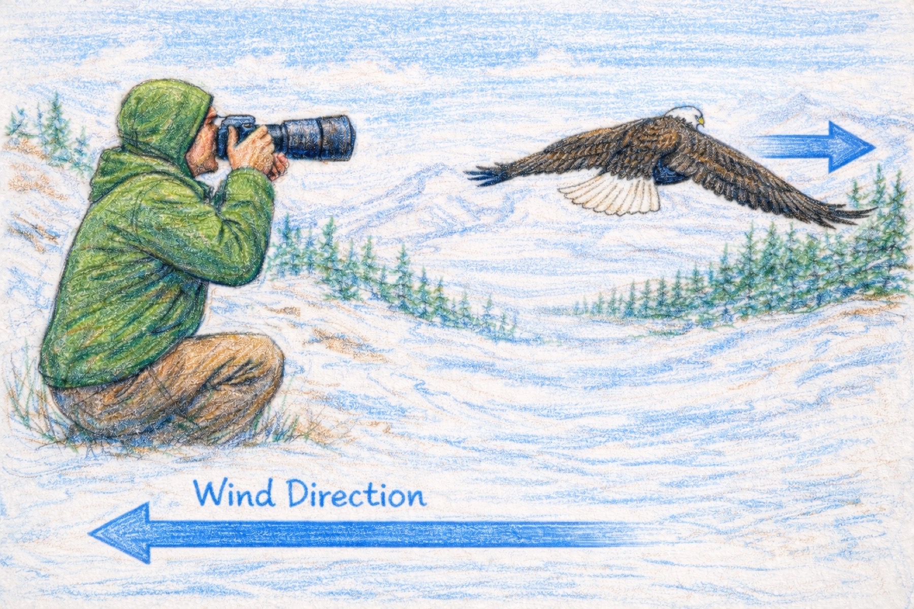 Diagram showing a bald eagle facing away from a photographer who has wind in their face