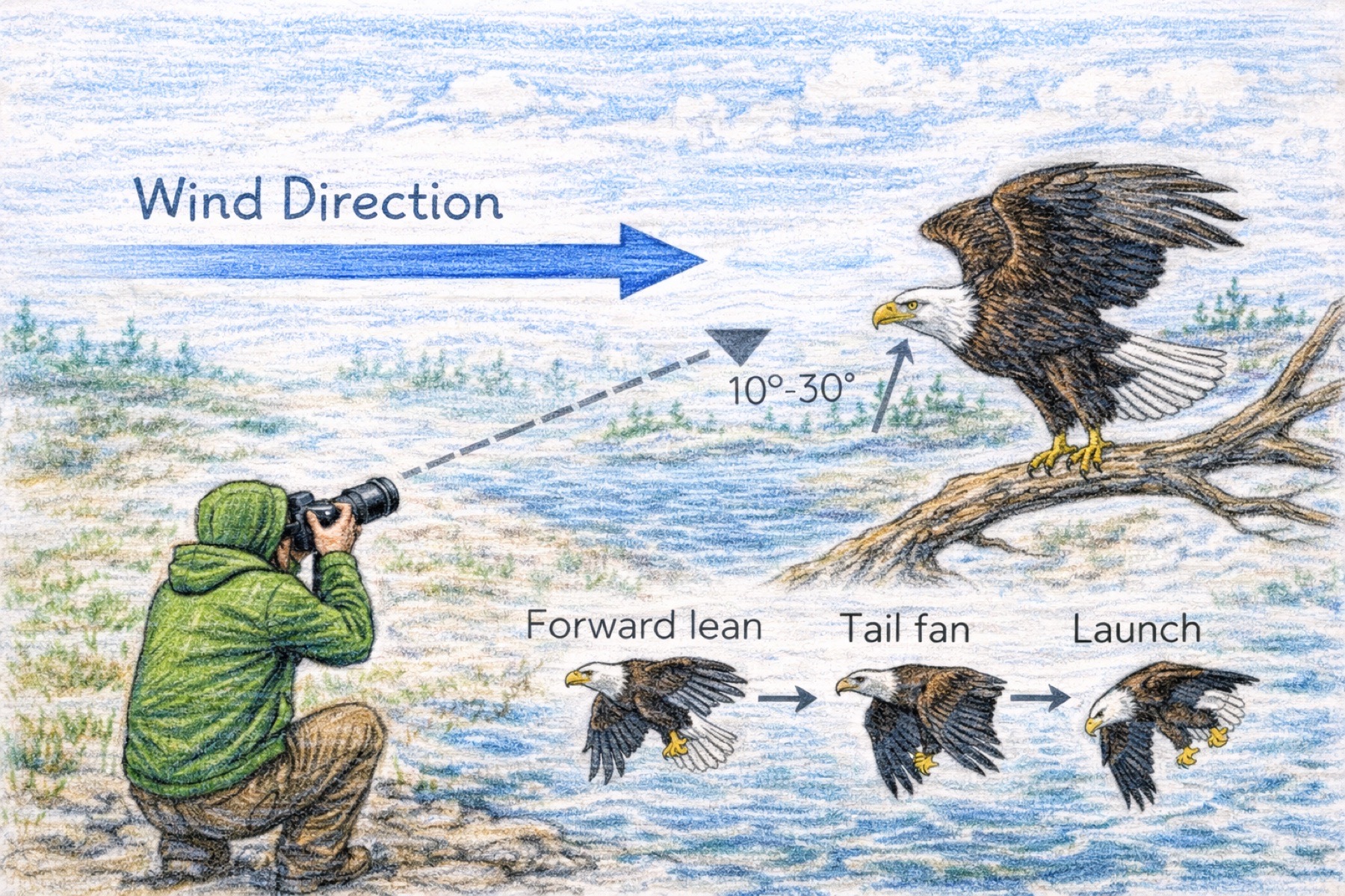 Diagram showing a bald eagle taking off into the wind from a perch toward a photographer