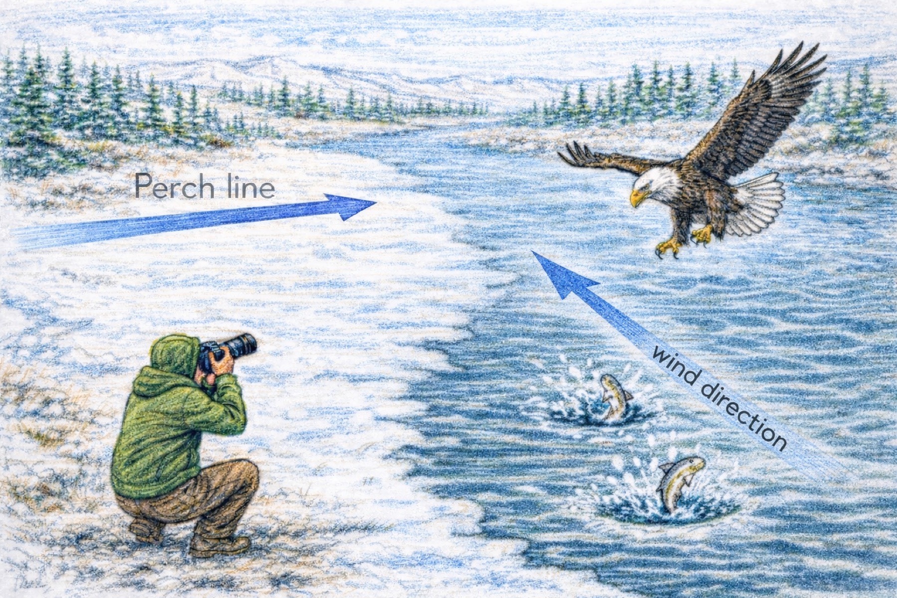 Diagram of bald eagles hunting along the edge of ice holes in winter