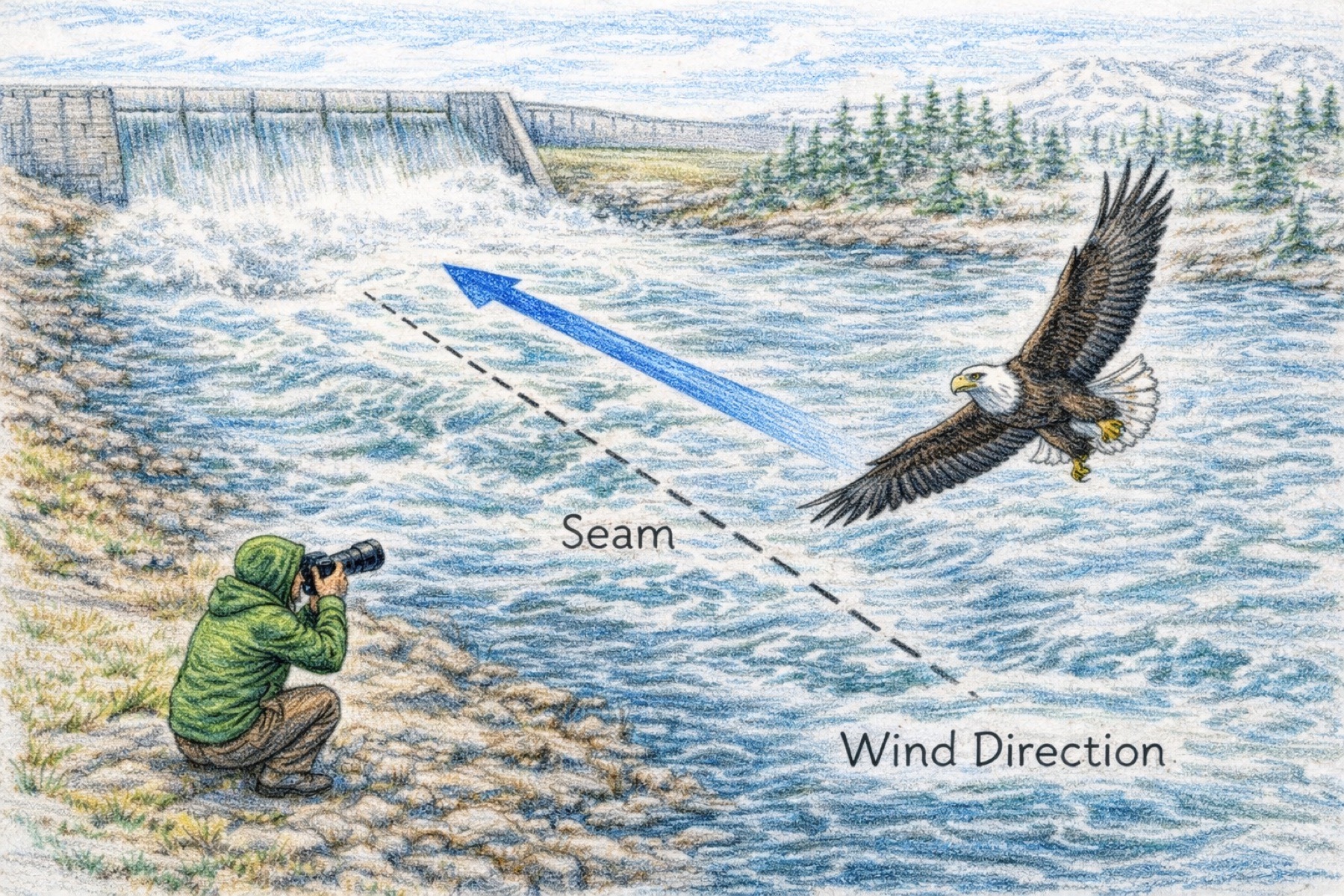 Diagram showing a bald eagle crabbing into the wind over a tailwater seam