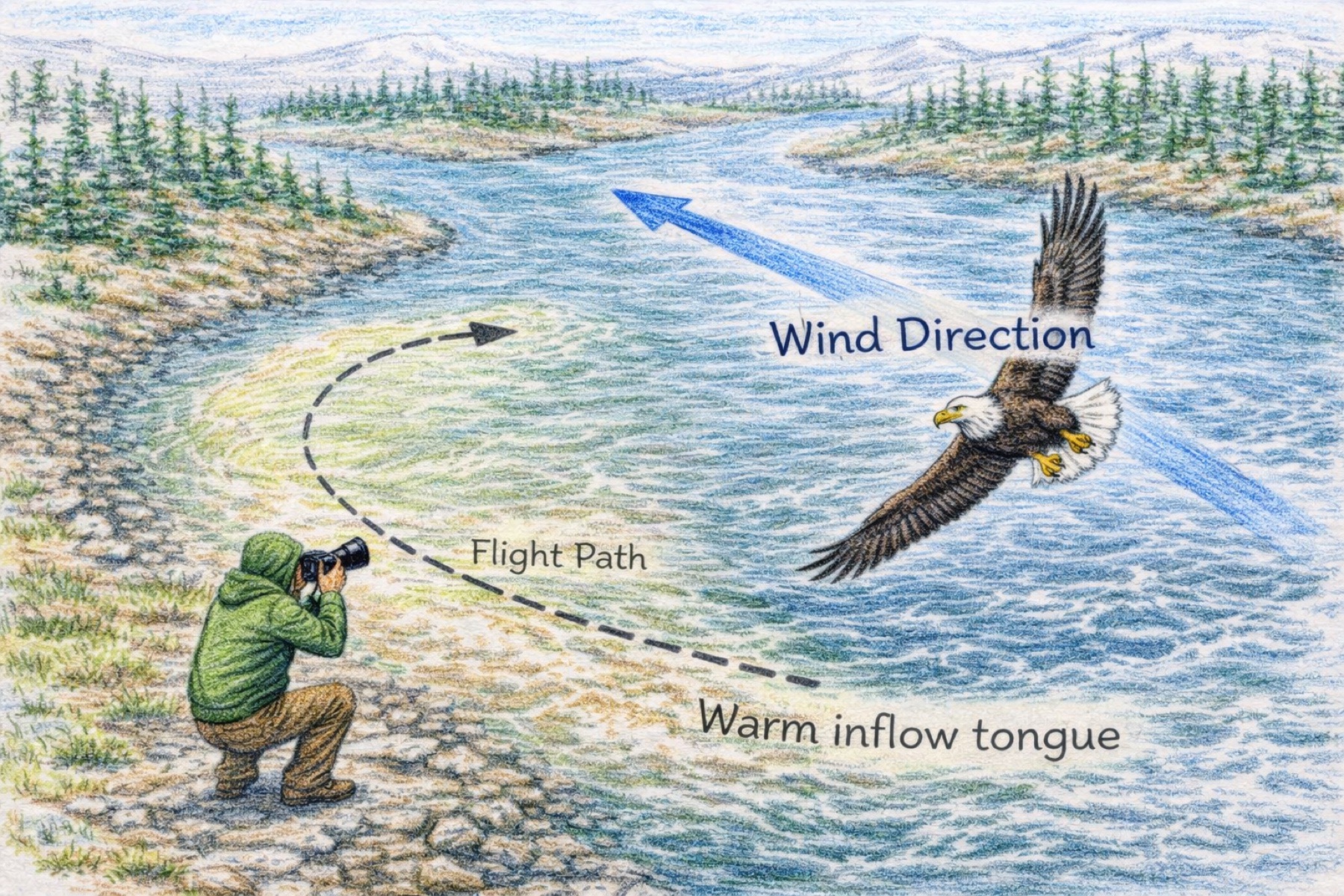Diagram showing wind direction and eagle banking path over a warm inflow tongue