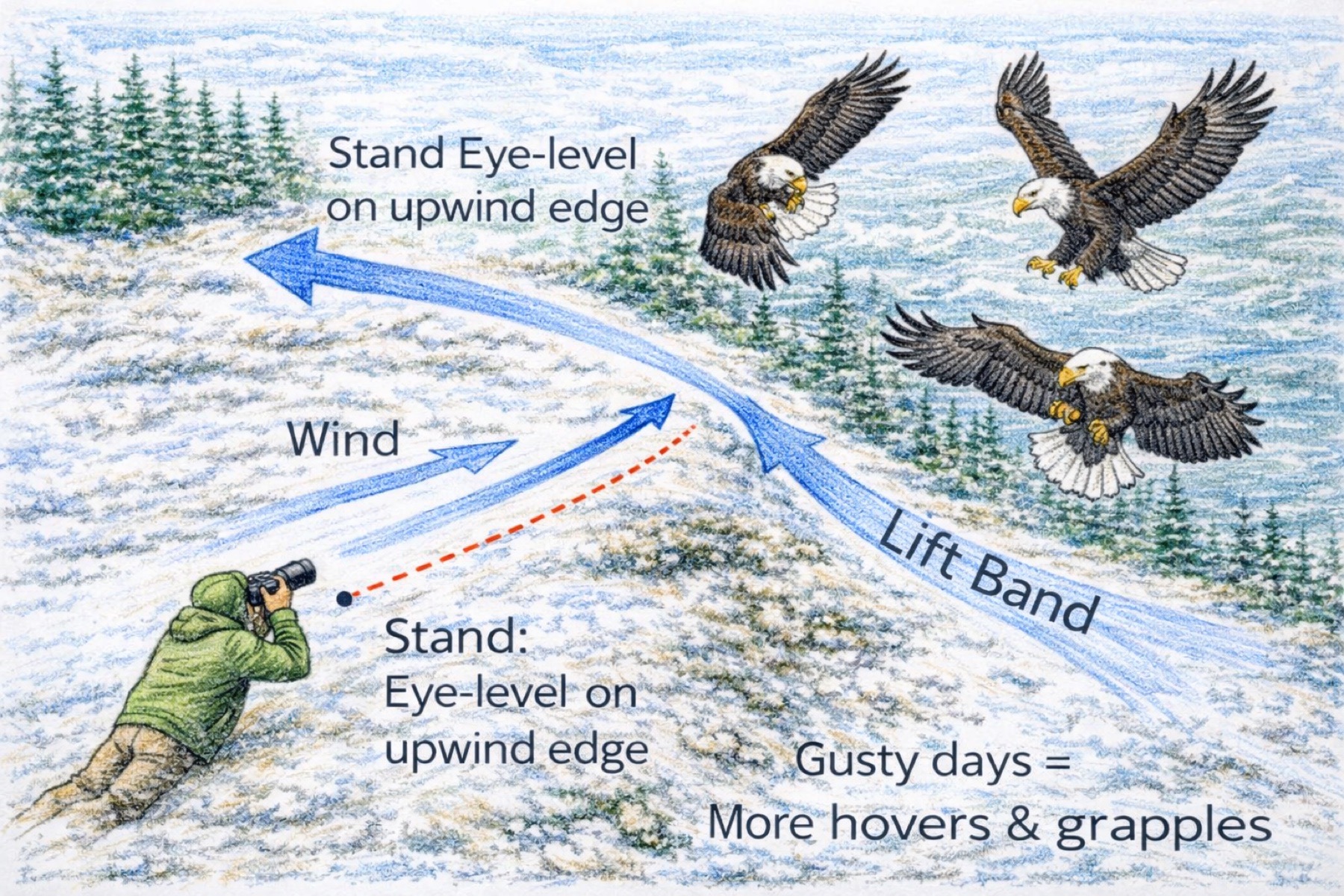 Diagram showing bald eagles soaring along a ridge lift band created by wind