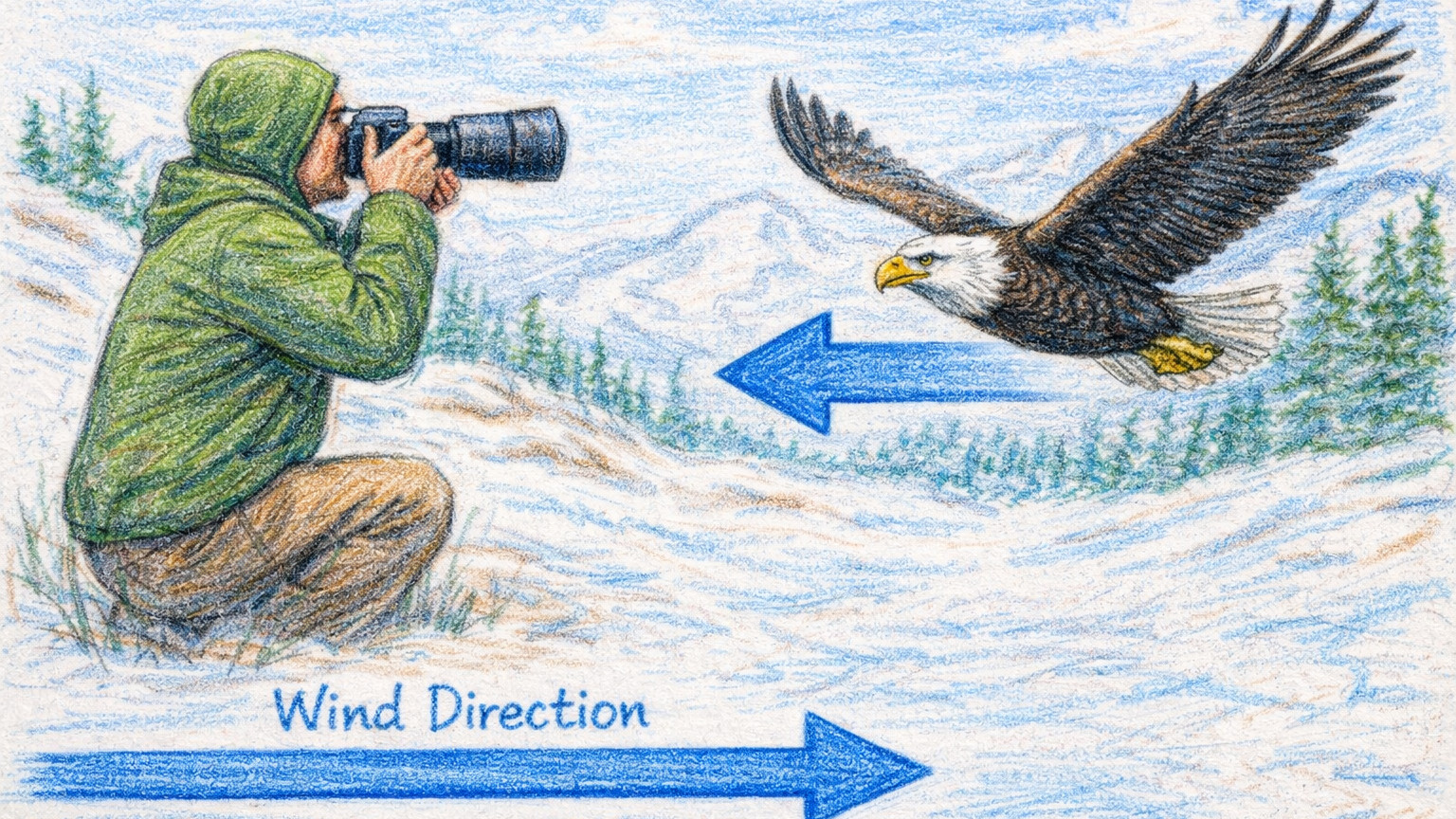 Bald eagle in flight over winter water